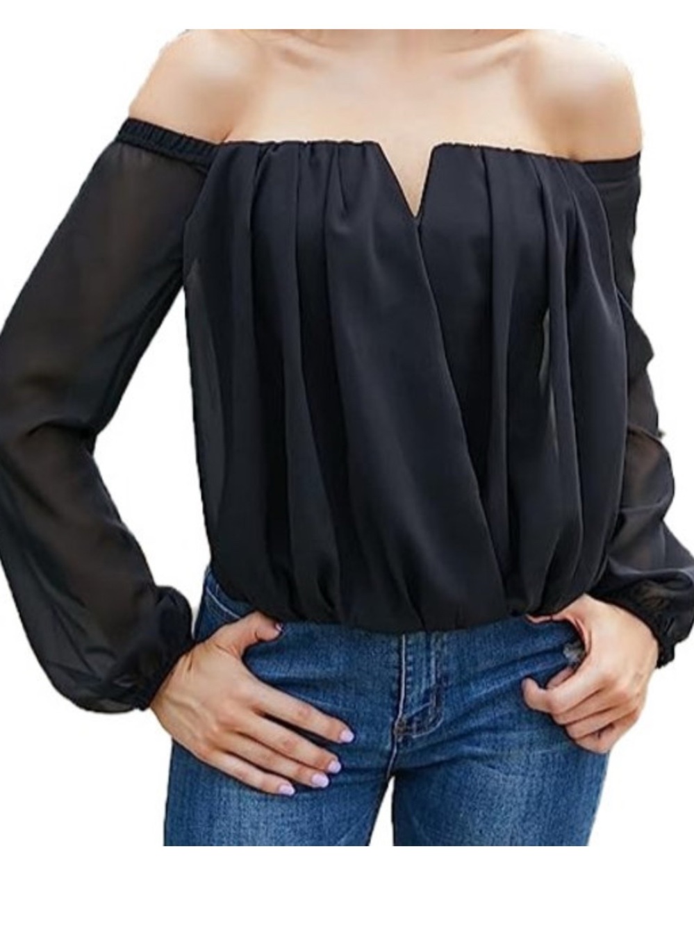 YOINS Dark Blue Off Shoulder Chiffon Blouse Size Small 4/6 NWT